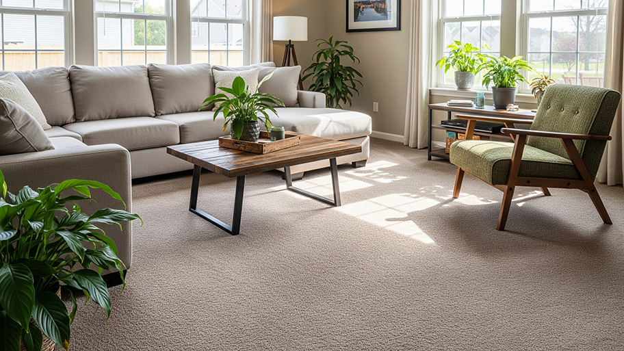 A sunlit living room with beige carpet is furnished with a sectional sofa and a green armchair