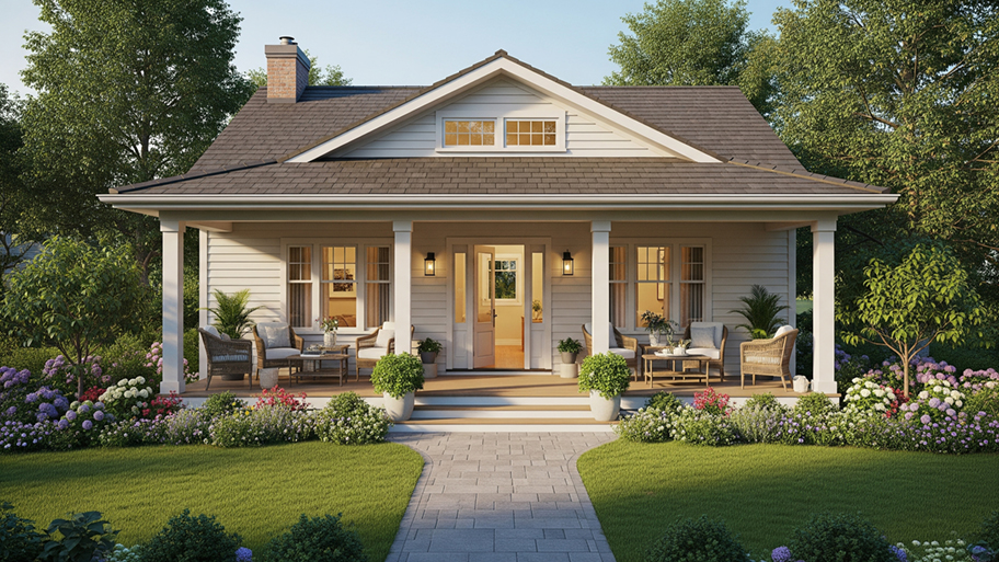 A charming single-story home with a covered front porch, white columns, cozy seating, and a landscaped yard full of flowers
