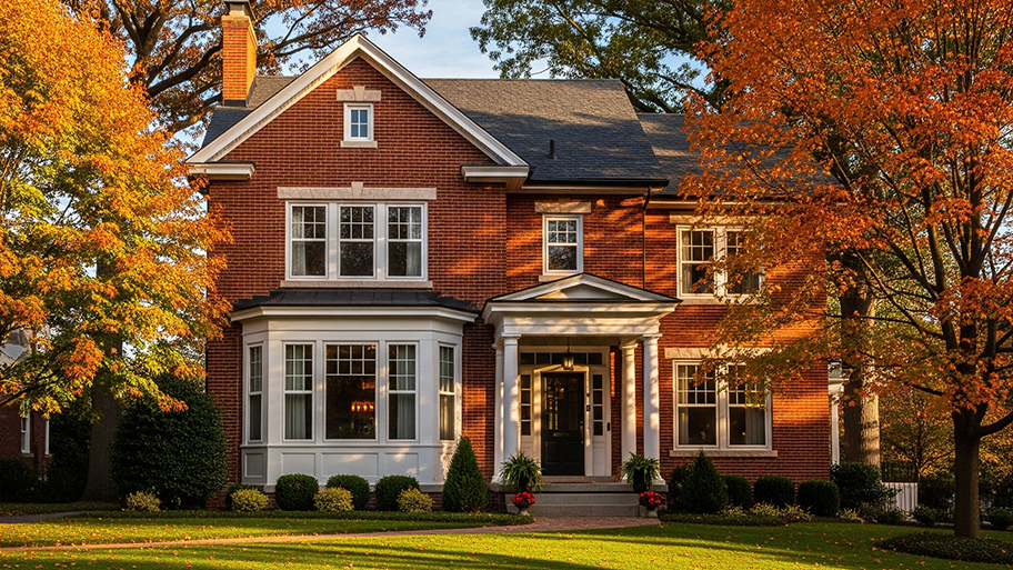 A large, red brick house with a white portico is framed by trees with vibrant orange fall foliage