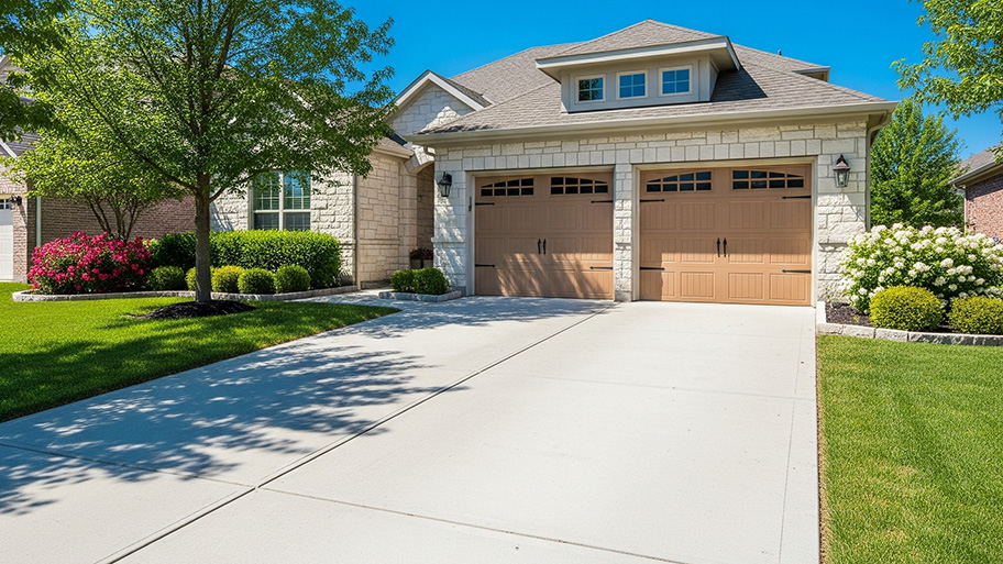 A clean concrete driveway leads to the two-car garage of a modern stone house with a neat lawn