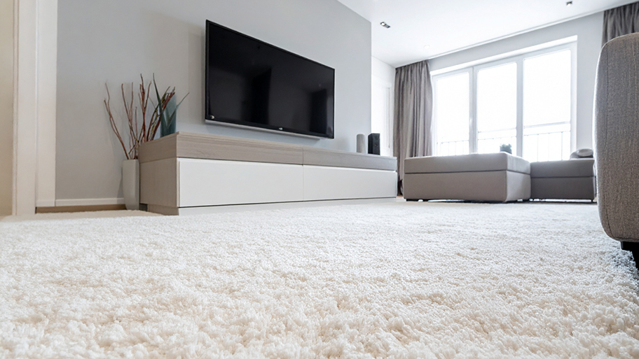 A low-angle view of a modern living room highlights the clean, white, high-pile shag carpet.