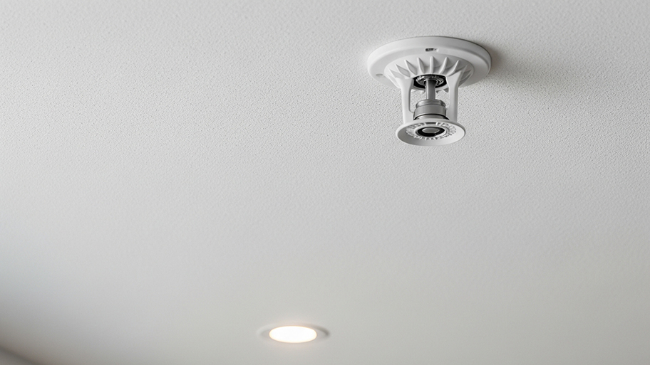A white residential fire sprinkler head is mounted on a white ceiling next to a small recessed light