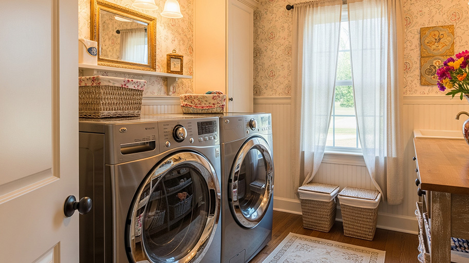 A cozy laundry room has a floral wallpaper, a white wood sink, and a silver front-loading washer and dryer