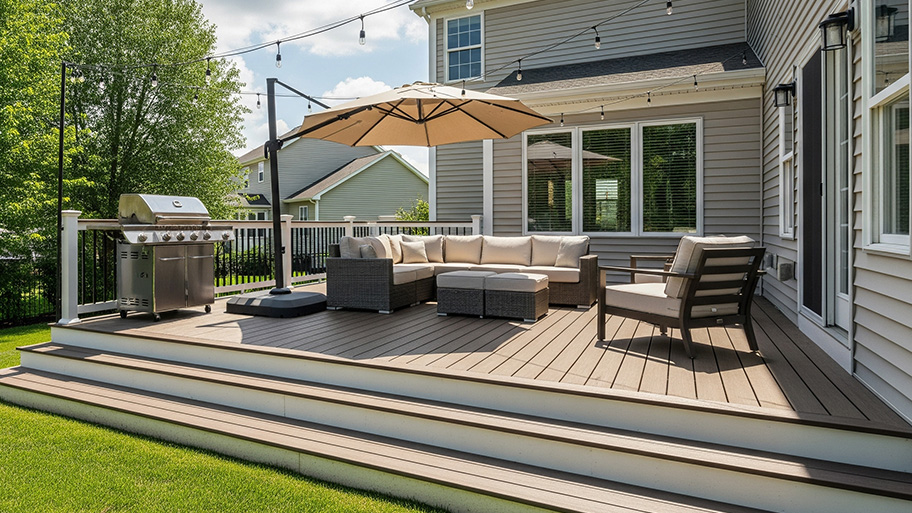 A spacious backyard composite deck with a grill, an umbrella, and comfortable outdoor furniture on a sunny day