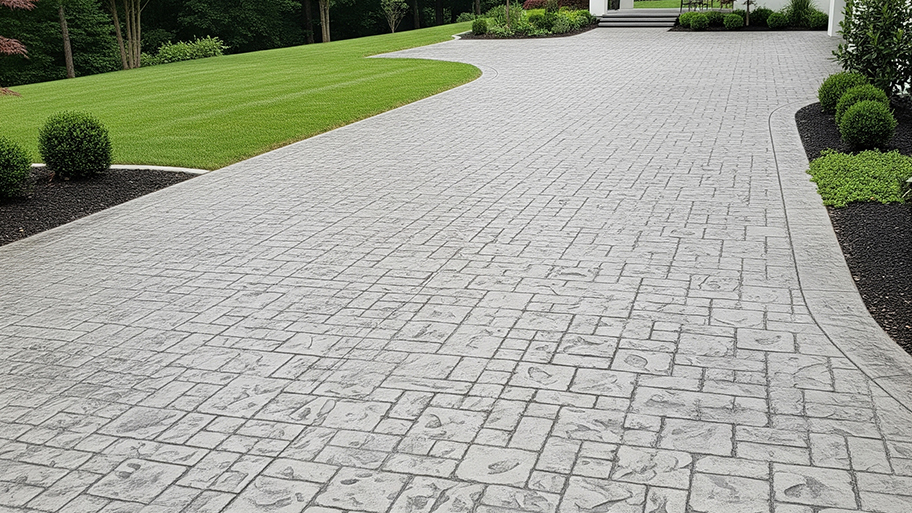 A stamped concrete driveway with a light gray cobblestone pattern is bordered by a green lawn and plants