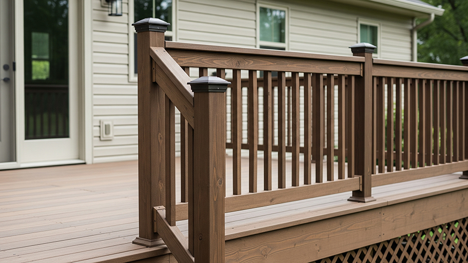 A new wooden deck and railing with dark post caps next to a beige-siding house