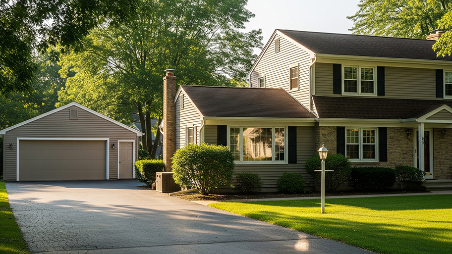 A detached two-car garage sits on an asphalt driveway next to a tan two-story house with a green lawn