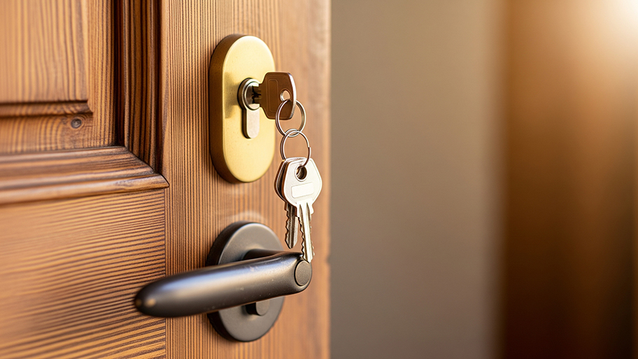 A set of keys hangs from a key in the brass lock of a wooden door with a black handle