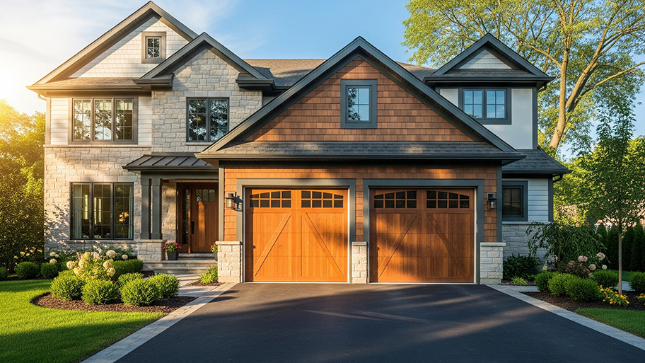 A two-story luxury home with a gabled roof and a double wooden garage door with windows, surrounded by landscaping