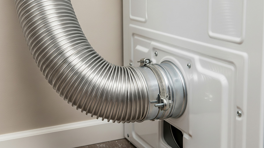 A close-up of a flexible, metallic dryer vent hose connected to the back of a white clothes dryer