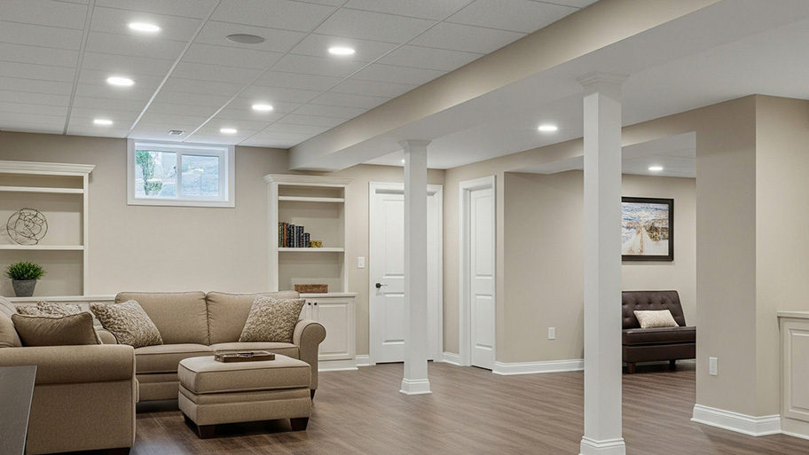 A finished basement with a tan sectional sofa, a drop ceiling with recessed lighting, and built-in bookshelves