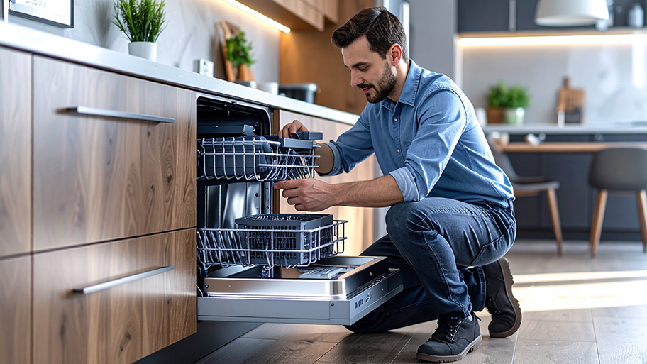A man in a denim shirt kneels to inspect the racks of an open dishwasher in a modern kitchen