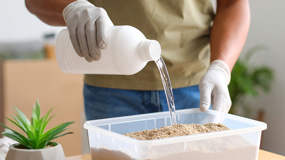 A person wearing white gloves pours ammonia from a bottle into a plastic container of sand or cat litter