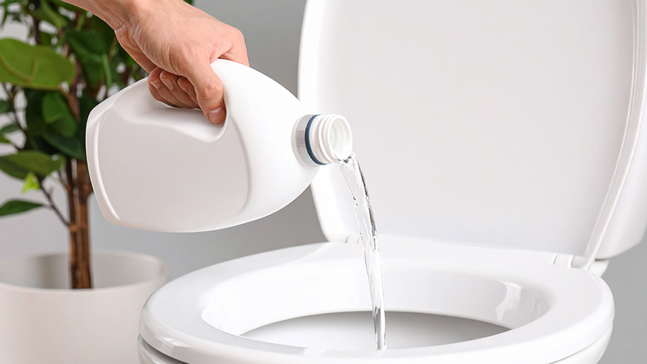 A hand is shown pouring a clear liquid, possibly bleach, from a white plastic container into a toilet bowl