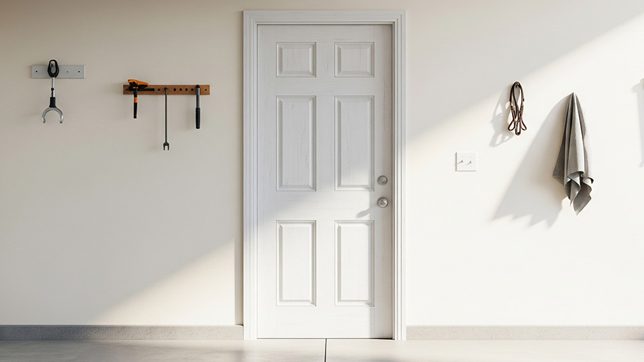 A plain white interior door leads to a garage, with some tools and a towel hanging on the wall