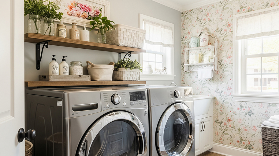 A modern farmhouse-style laundry room with gray front-loading machines, white cabinets, and floral wallpaper