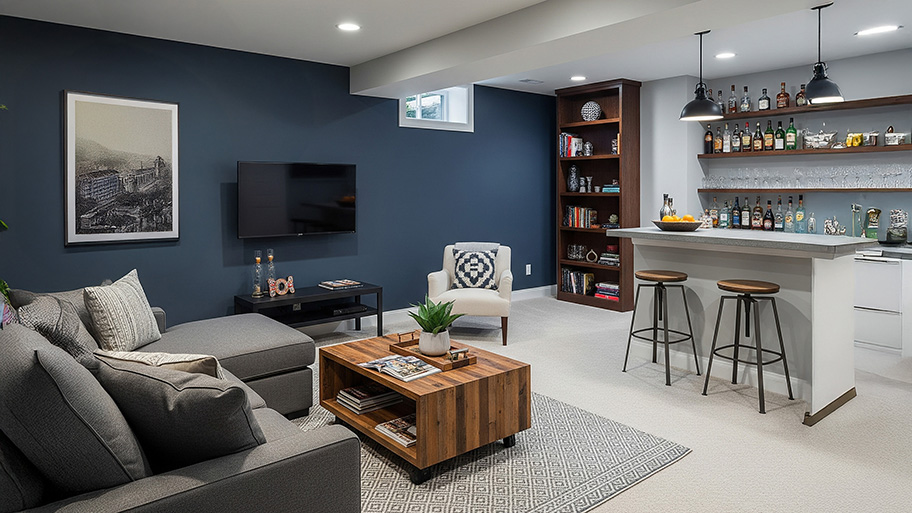 A contemporary finished basement features a blue accent wall, a wet bar, a gray sectional, and a light-colored rug