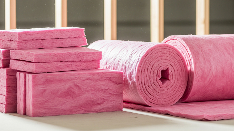 Stacks of pink fiberglass insulation batts and rolled insulation on a wooden surface with a framed wall in the background
