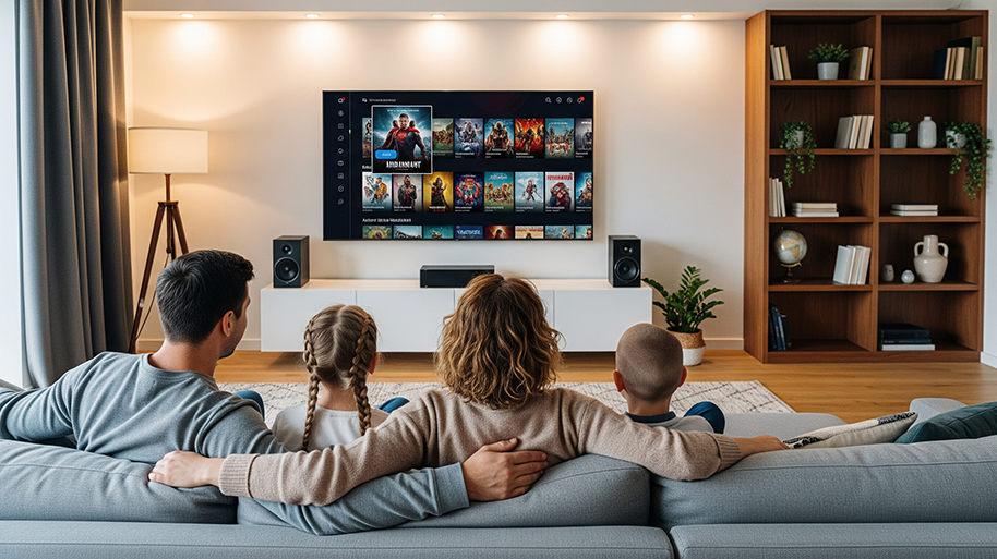 A family of four sits on a couch from behind, watching a TV displaying a streaming service interface