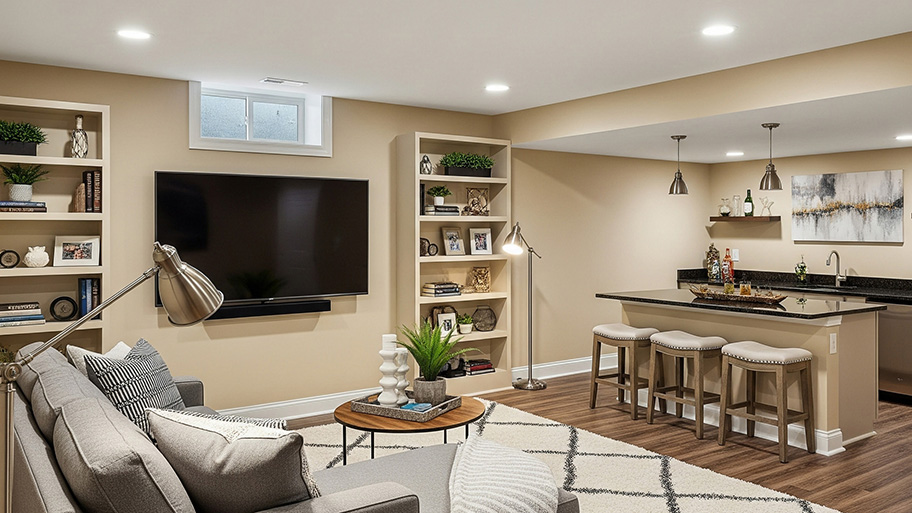 A tan finished basement features a wet bar with dark countertops, a gray sectional sofa, and built-in shelving
