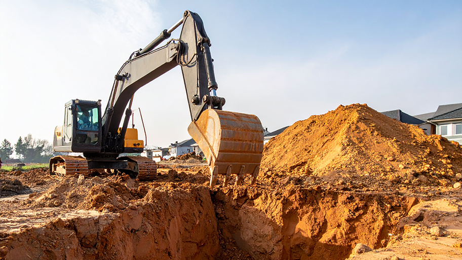 A large excavator is digging a foundation trench on a residential construction site with a pile of dirt nearby