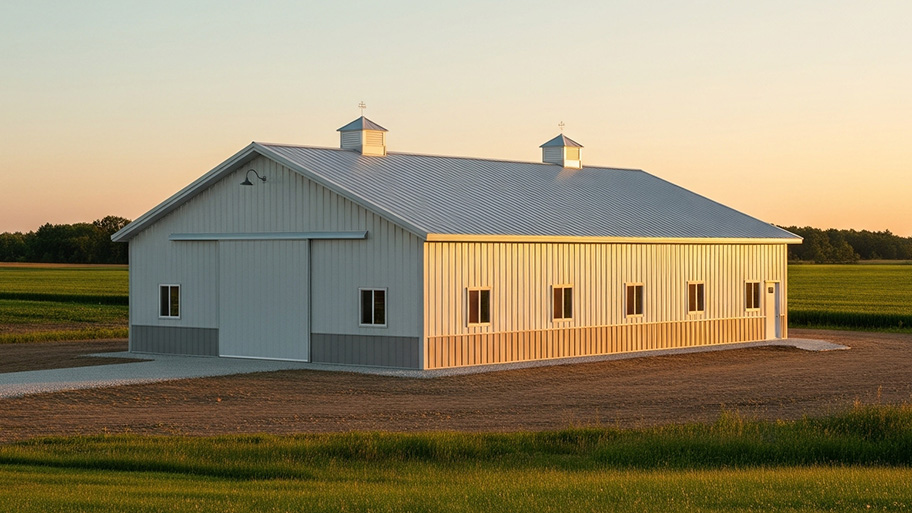 Large aluminum pole barn with a metal roof sits on a gravel lot surrounded by open farmland at sunset