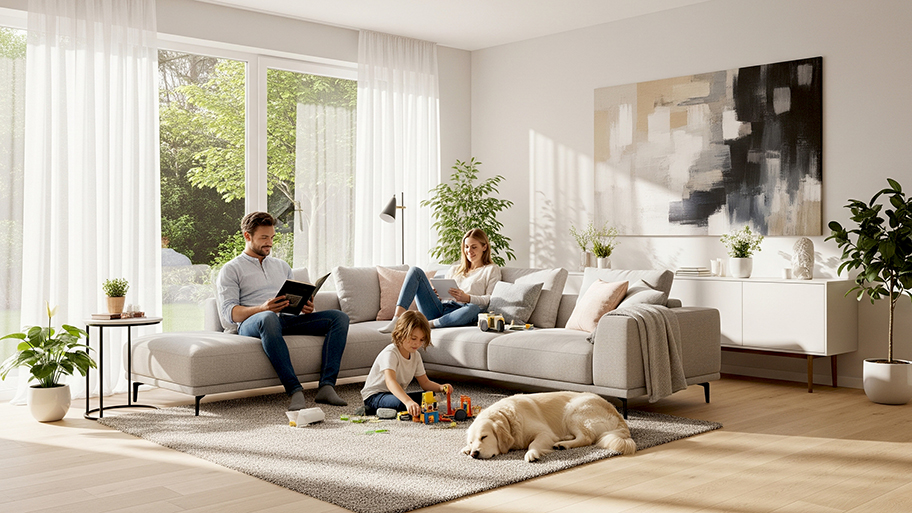 A family relaxes in a bright, modern living room with a large gray sectional sofa, a white dog, and a child playing on the rug