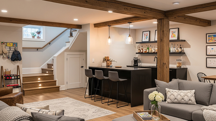 A modern finished basement features a wet bar, comfortable seating, wood floors, and exposed wooden beams