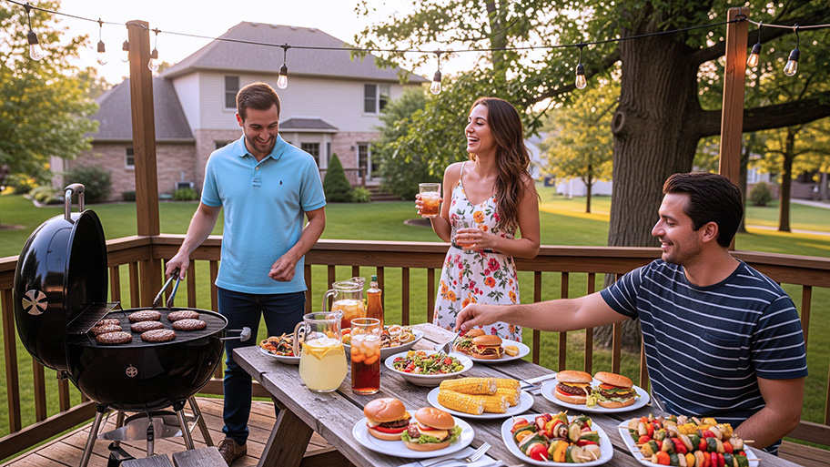 Three friends enjoying a backyard barbecue on a deck with burgers, kabobs, corn, drinks, and string lights
