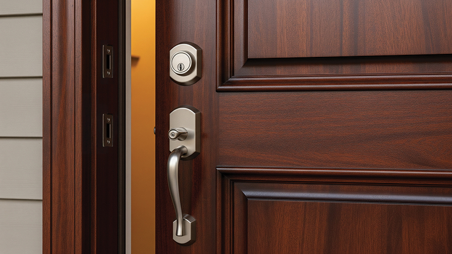 A shiny silver handle and deadbolt on a dark wooden door slightly ajar, with light peeking through