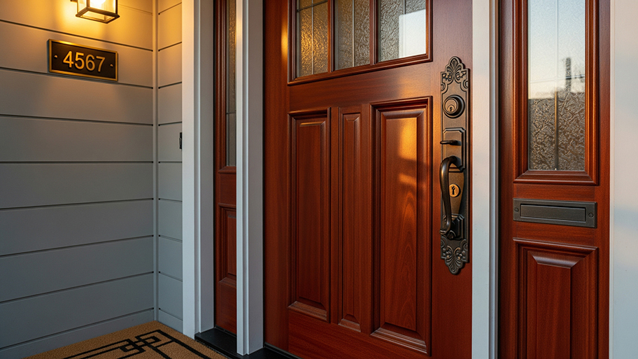 A rich, reddish-brown wooden front door with decorative glass panels and a black ornate handle set, next to a gray wall with house numbers
