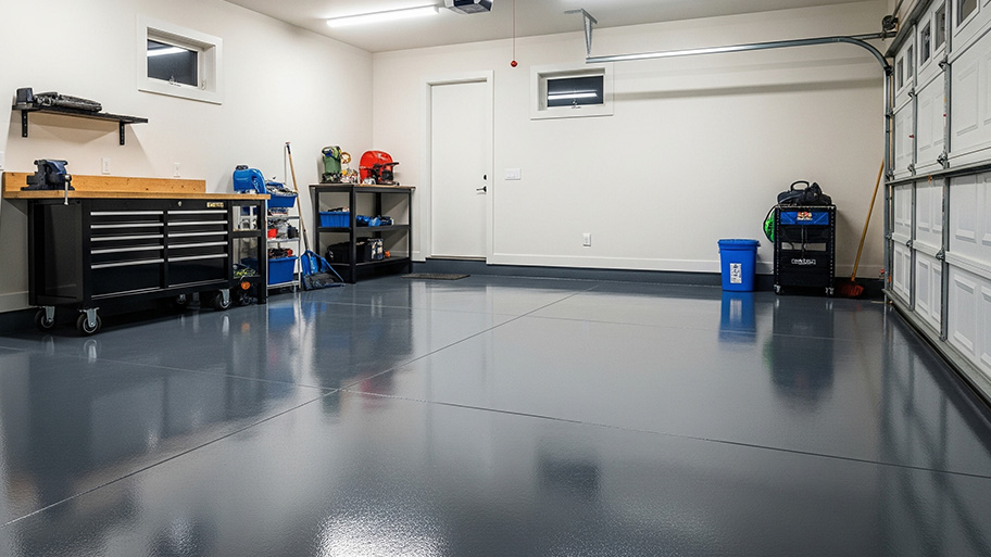 A well-lit garage features a glossy gray epoxy floor, white walls, and various tools and equipment neatly organized