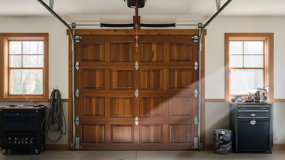 A wooden garage door is seen from inside a garage, with two windows and tool chests on either side