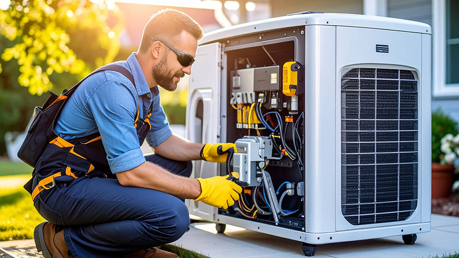 A smiling technician wearing sunglasses, gloves, and a tool belt crouches to service a residential backup generator