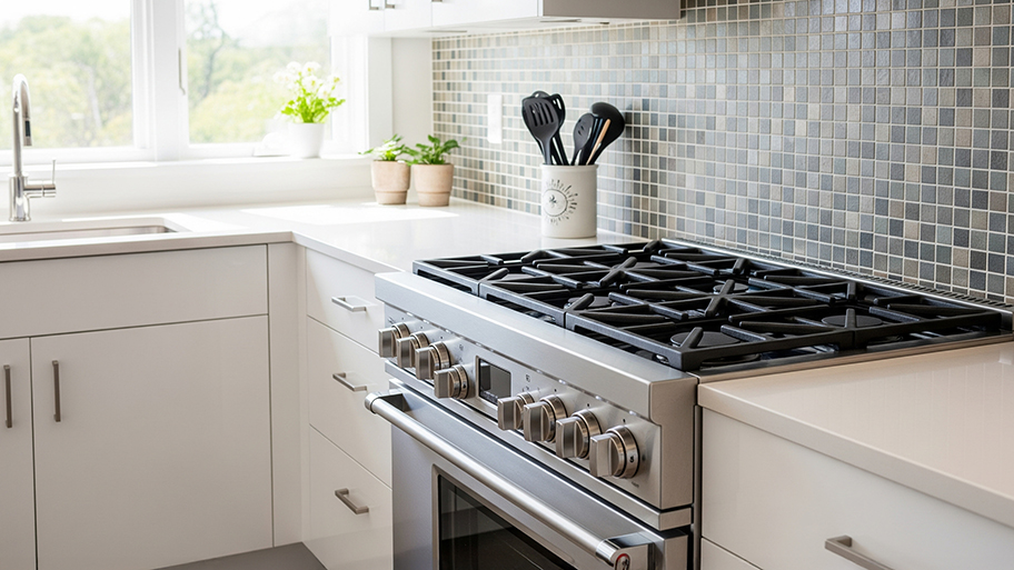 A residential stainless steel gas stove is shown in a clean, modern kitchen with a mosaic tile backsplash