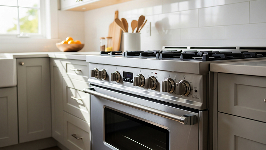 A residential stainless steel gas stove is shown in a modern kitchen with gray cabinets and a white subway tile backsplash