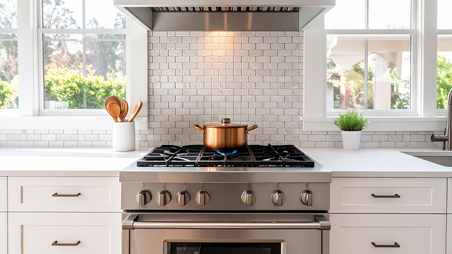 A professional-style stainless steel gas range with a copper pot on a burner in a bright, modern kitchen