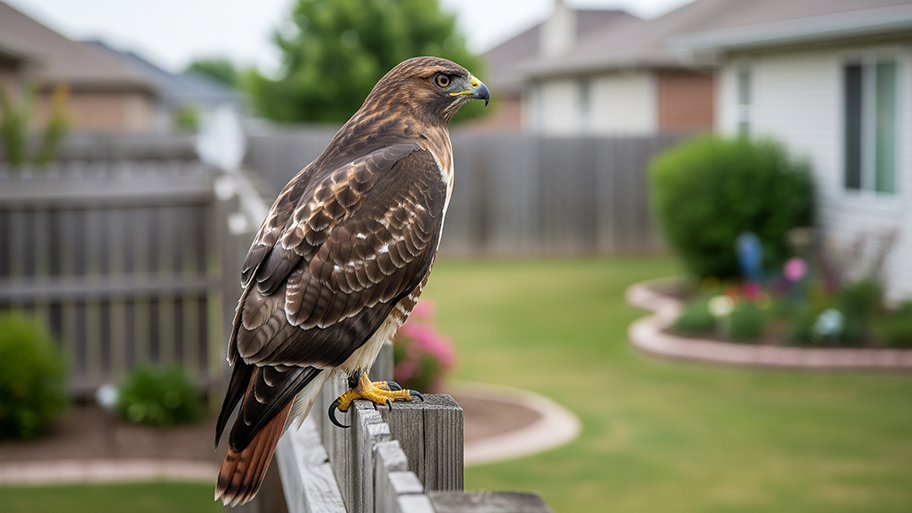 A brown and white hawk with a reddish tail sits perched on a wooden fence post in a suburban backyard