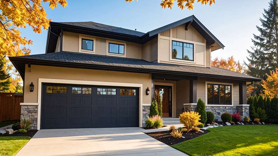 A tan two-story house with a black garage door and stone accents is surrounded by a green lawn and autumn trees