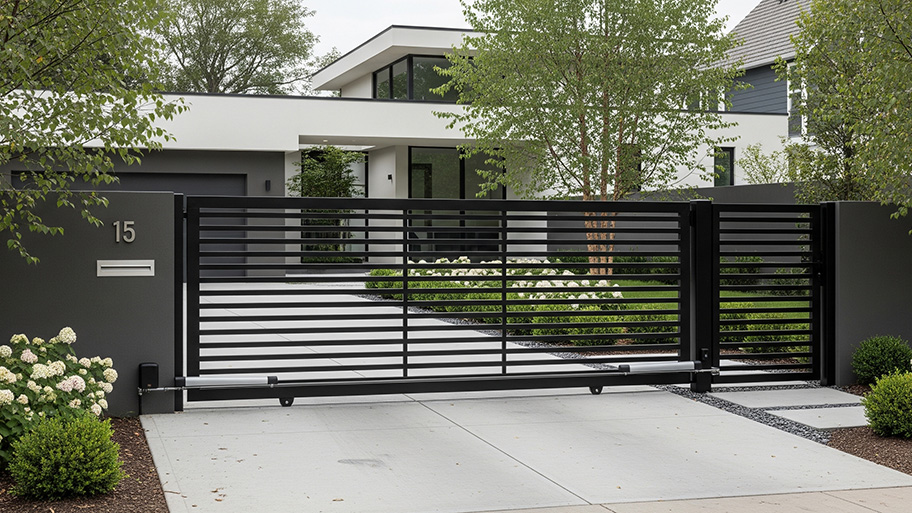 A sleek black metal horizontal slat sliding gate in front of a modern white house with a manicured lawn