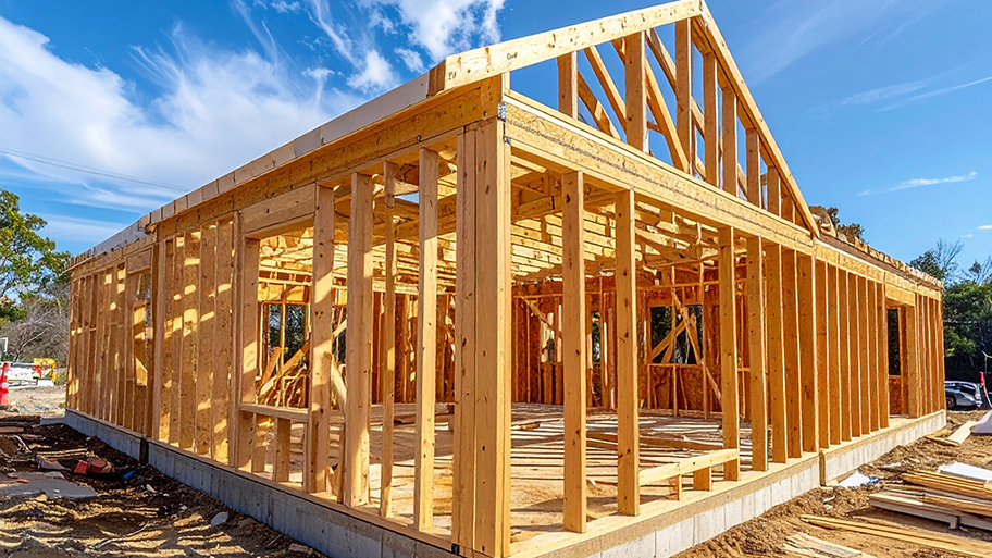 A single-story residential home is being constructed, showing its wooden frame against a blue sky