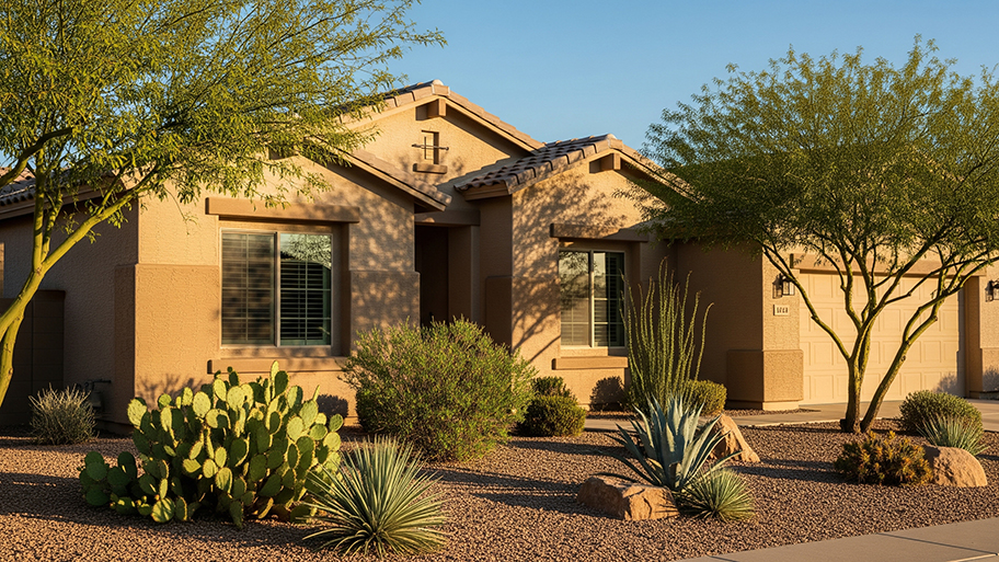 A beige stucco desert home is surrounded by cacti, agave, and other desert plants under a clear sky