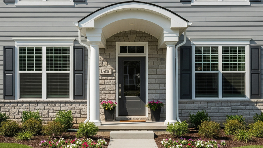 A house with gray vinyl siding and a stone facade features a portico with white columns and a dark gray door