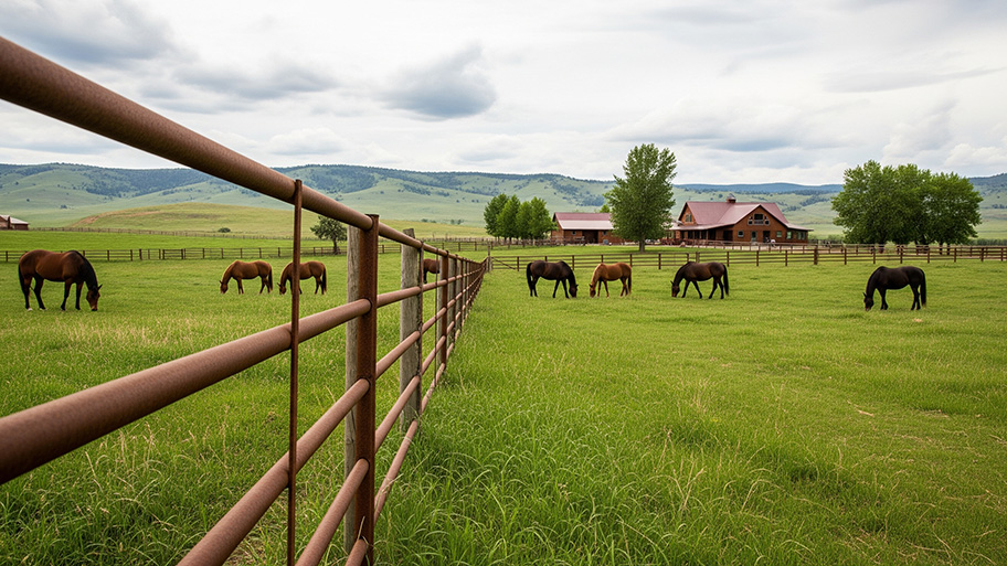 Horses grazing in a green pasture enclosed by a pipe fence with a ranch house and mountains in the background