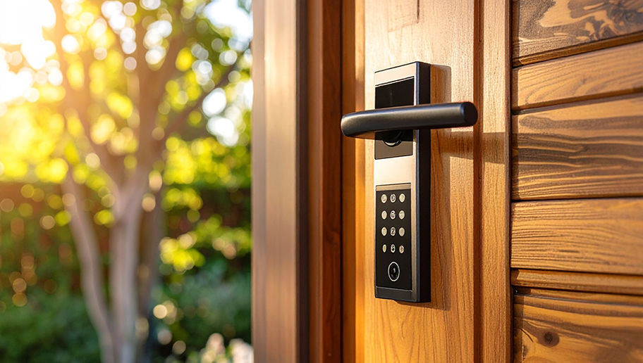 A contemporary wooden front door has a modern black and stainless steel keypad lock and a handle