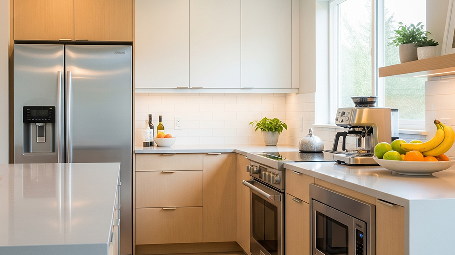 A clean, modern kitchen with a large stainless steel refrigerator, light-colored wooden cabinets, and white countertops.