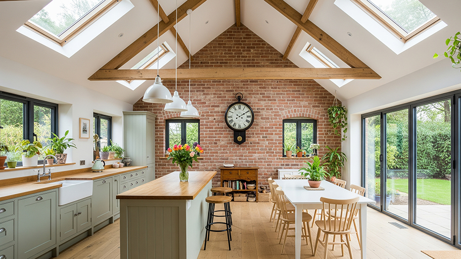 A spacious farmhouse kitchen features a vaulted ceiling with skylights, an exposed brick wall, and sage green cabinets.