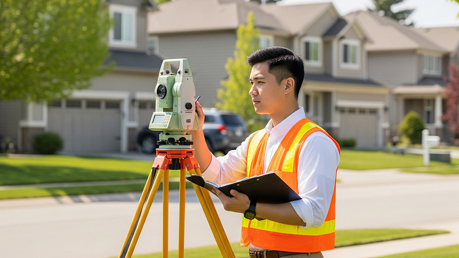 A male land surveyor in a high-visibility vest uses a theodolite on a tripod in a suburban neighborhood.
