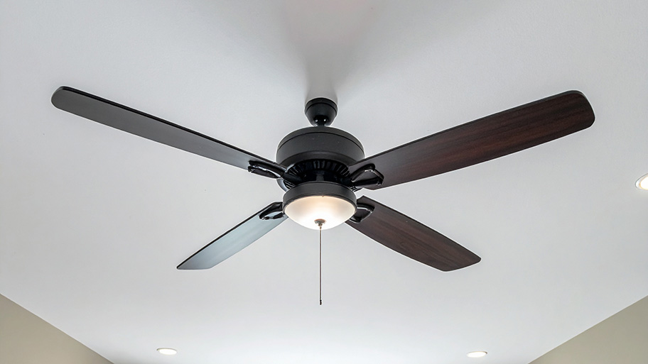 A black and brown ceiling fan with a light fixture hangs from a white ceiling, with recessed lighting on either side.