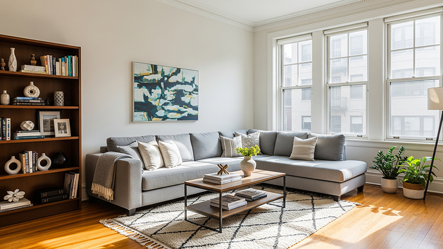 A cozy living room with a large gray sectional sofa, a wooden bookshelf, and tall windows that let in natural light.